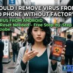 Woman holding Android phone with virus alert in busy city street, tech help for virus removal.