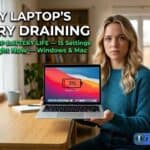 Woman holding a laptop showing 3% battery with a focus on battery drain issues.