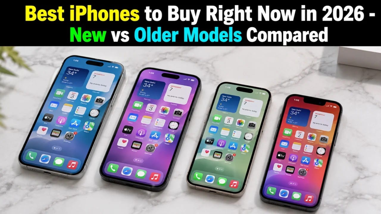 Best iPhones to Buy Right Now in 2026 New vs Older Models Compared 1 Four latest iPhone models displayed in various colors for 2026 purchase comparison.
