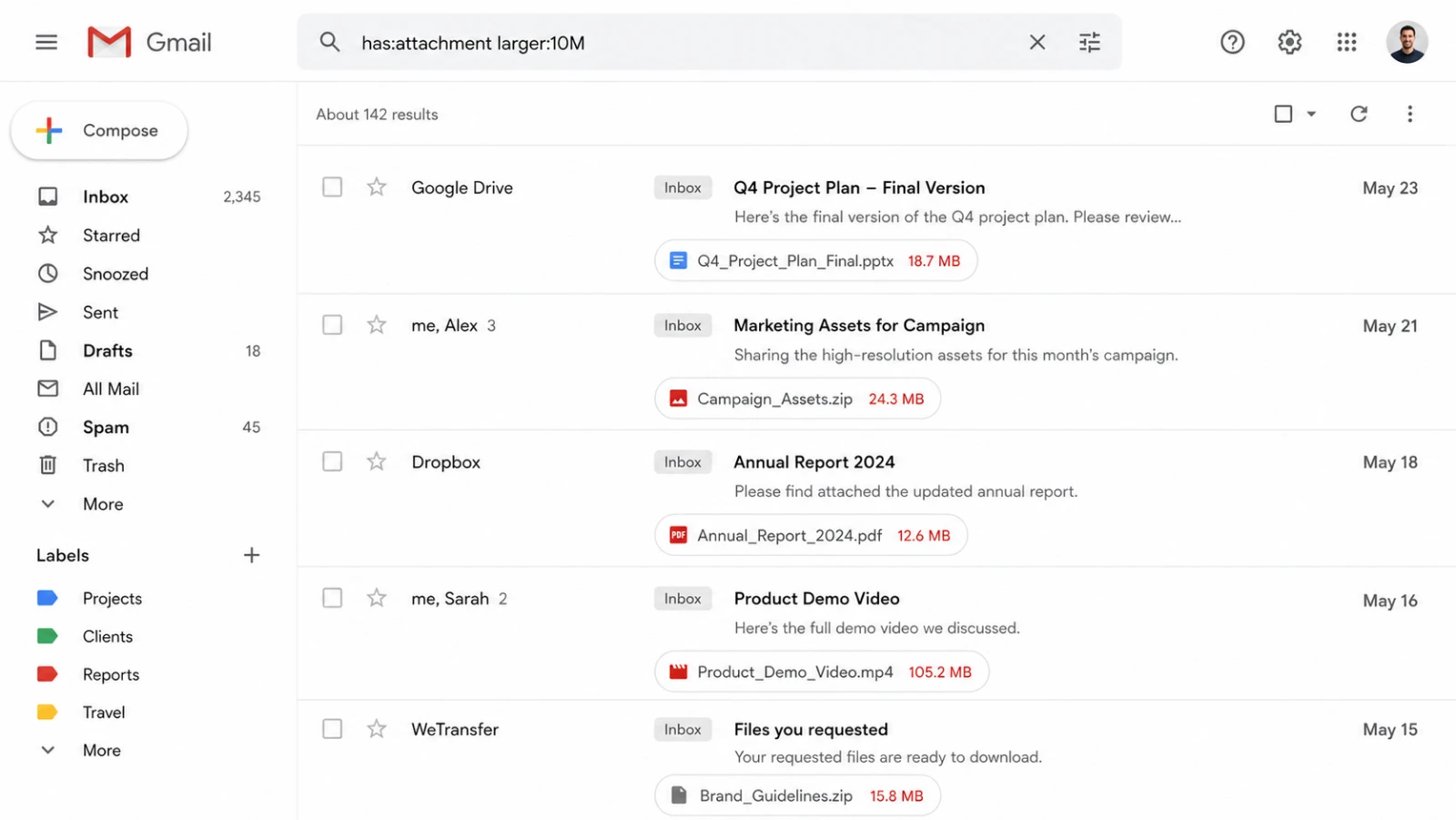Gmail search operator has attachment larger 10M to find and delete large emails