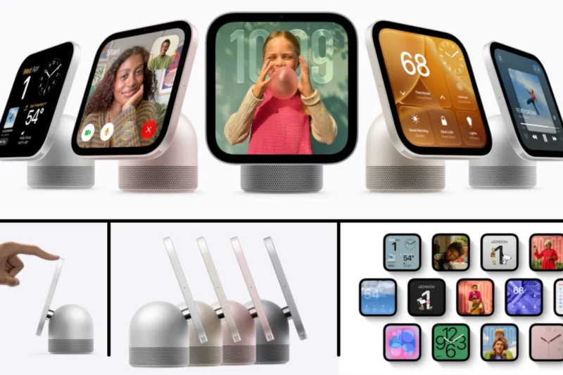 Apple HomeView features shown on four Apple HomeView tabletop devices